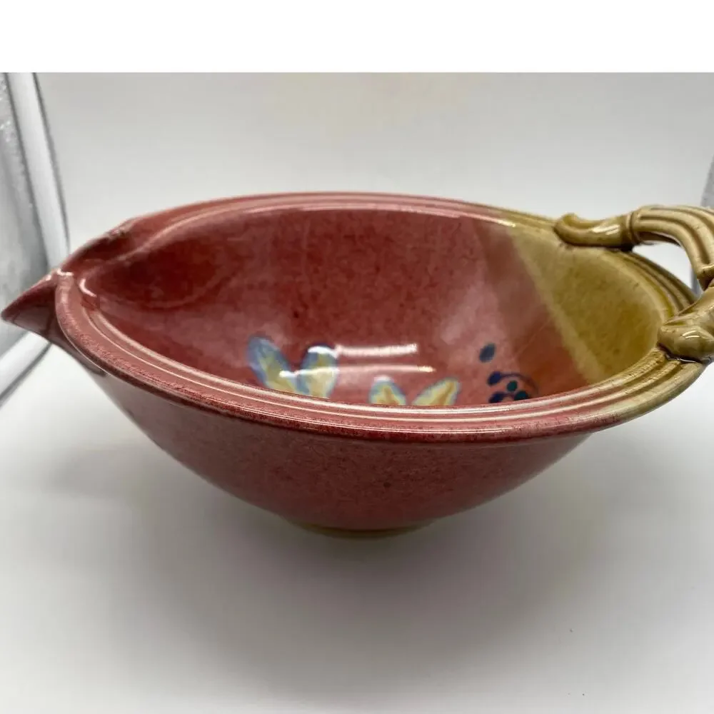 Handmade Pottery handled dish pour spout‎ round red floral Signed Art pottery